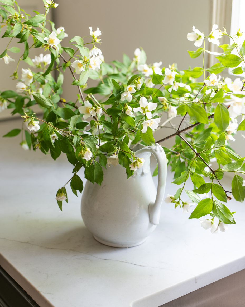 close-up-flowers-in-white-vase-on-counter