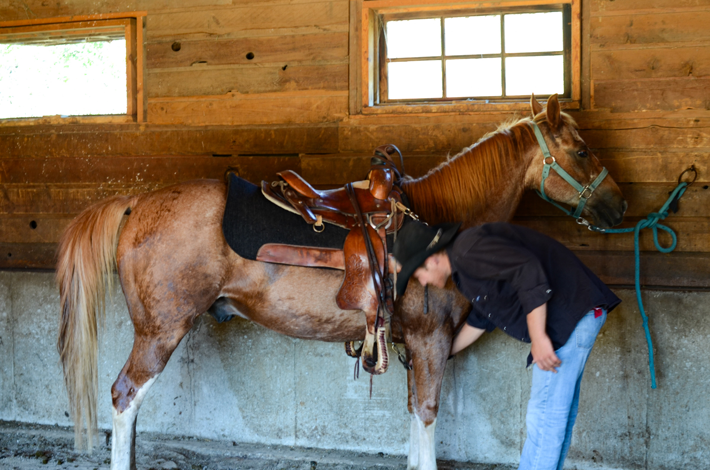 man-next-to-horse-with-saddle-on-in-stable