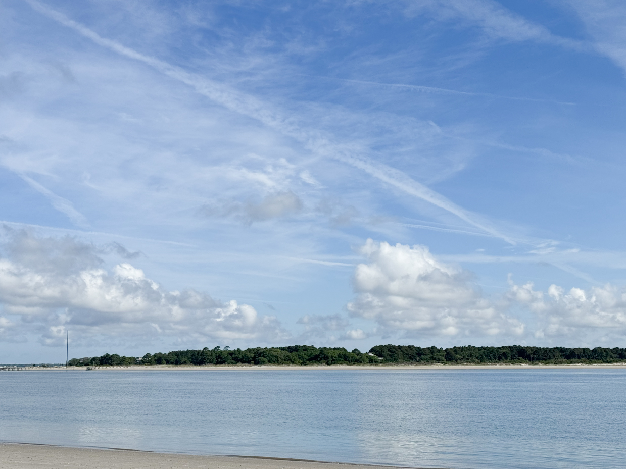 calm-ocean-water-with-distant-tree-lined-shoreline-under-a-clear-blue-sky-with-light-clouds