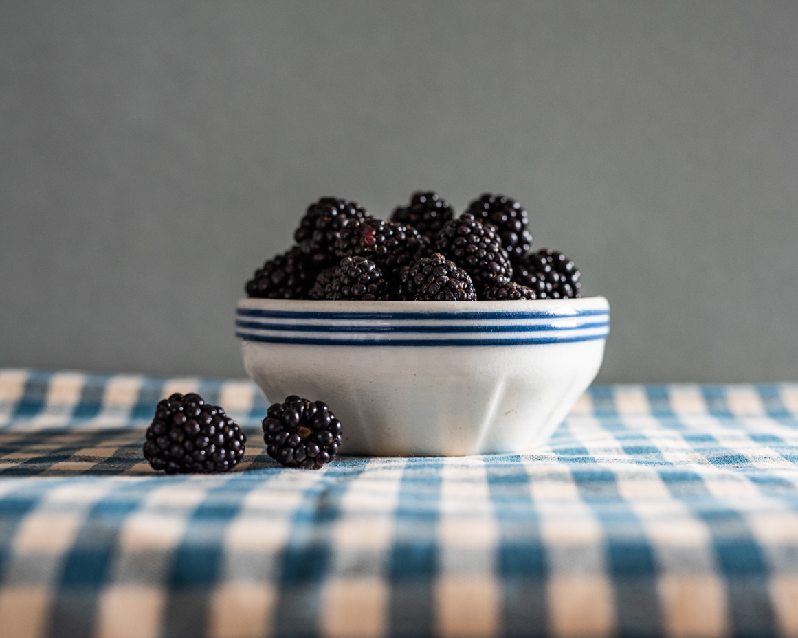 fresh-blackberries-in-a-white-and-blue-bowl-on-a-checkered-cloth-artist-reference-photo