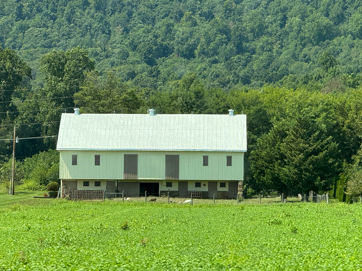 green-barn-in-lush-farmland-with-forested-hills-rural-landscape