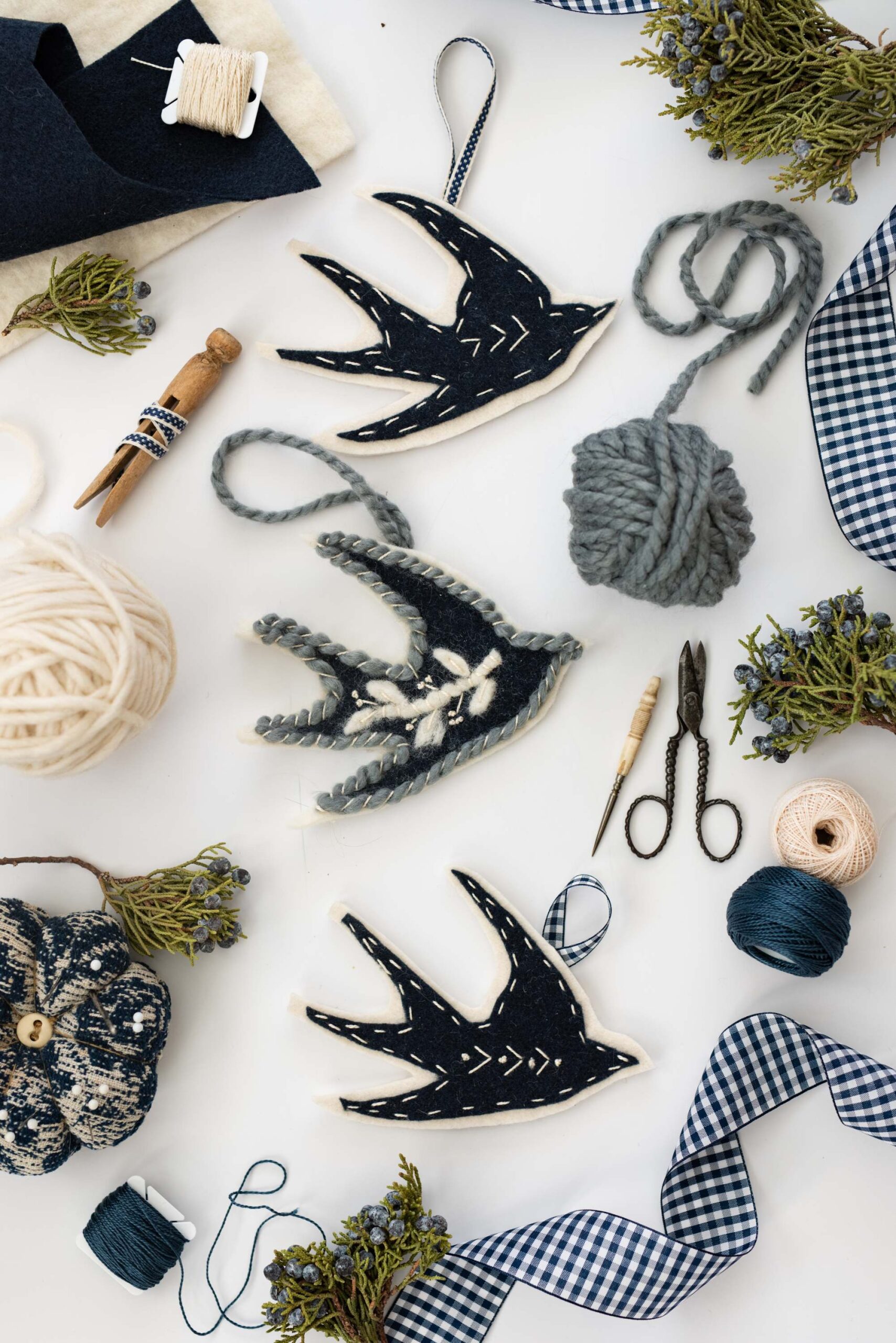 Handmade Holiday Ornaments and Crafting Supplies on Gingham Fabric artist reference photo