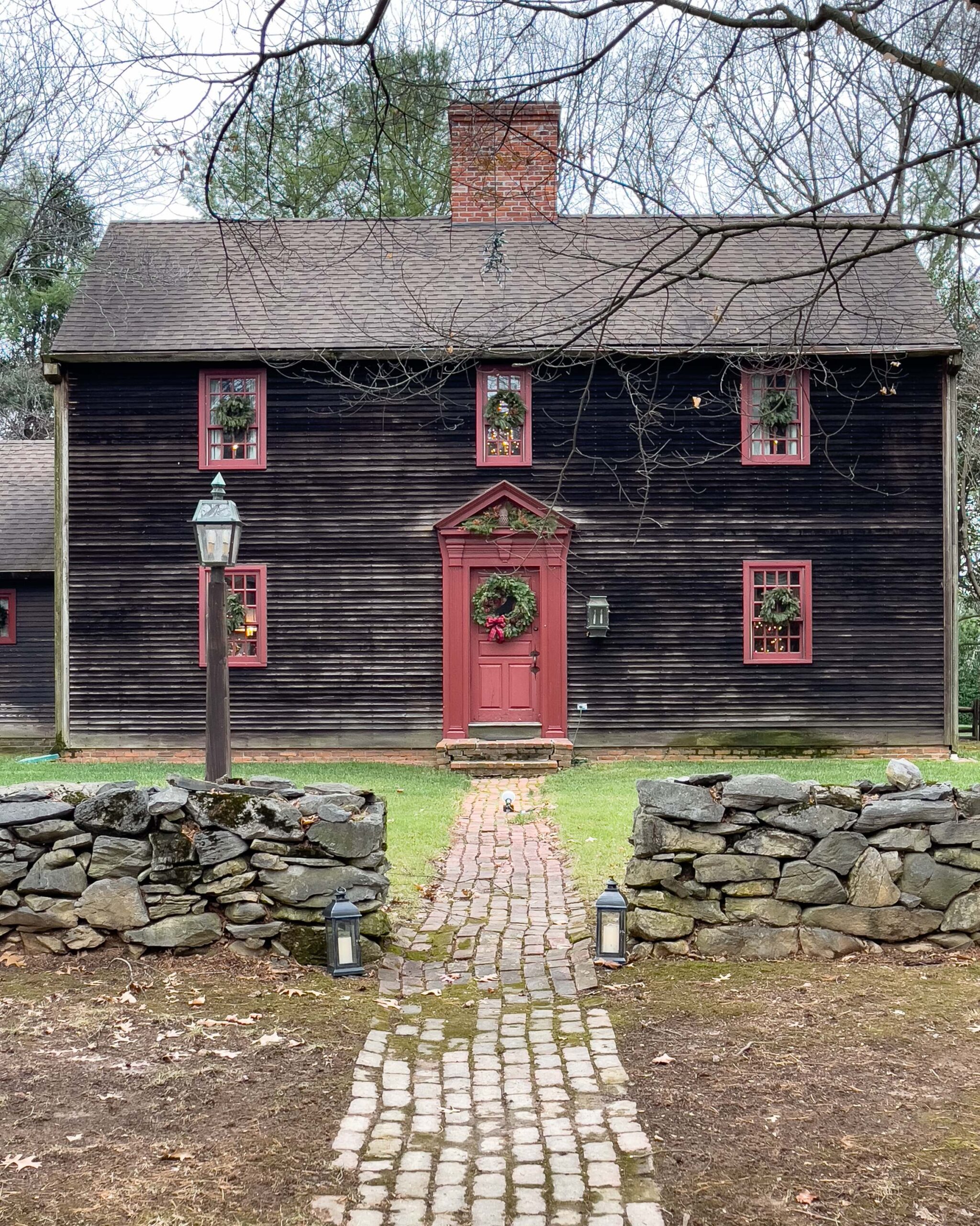 Historic Colonial House with Red Trim and Brick Path Holiday Decor artist reference photo