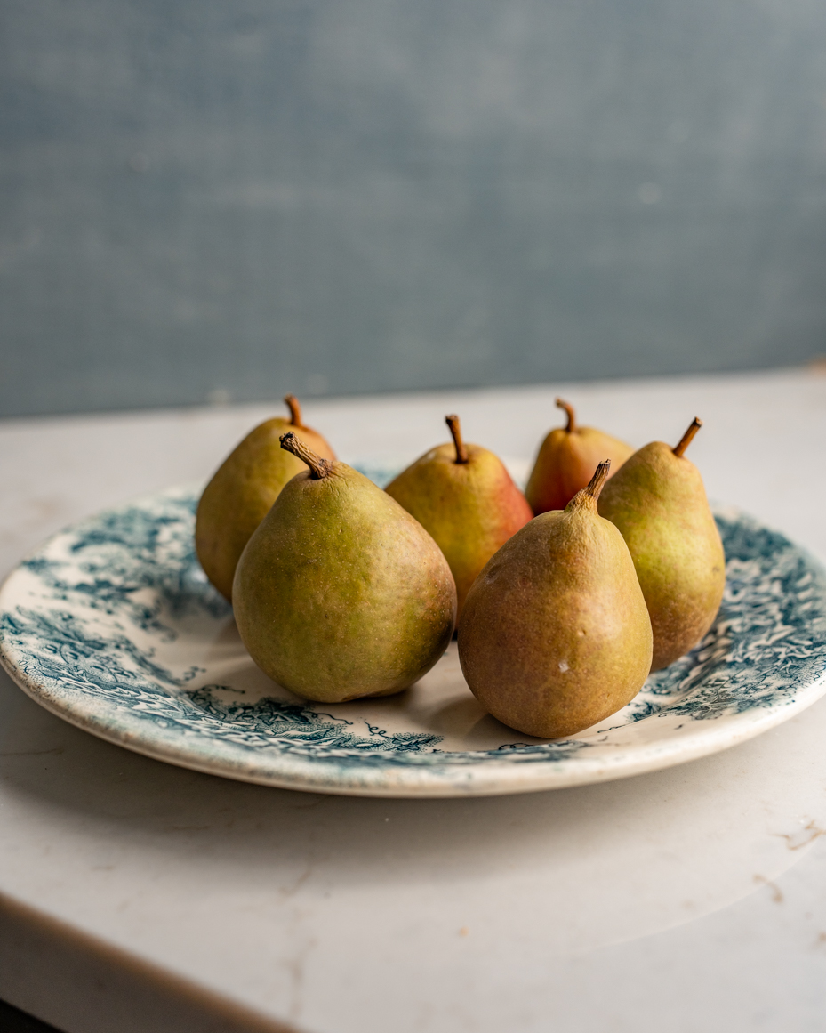 ripe-pears-arranged-on-blue-vintage-plate-artist-reference-photo