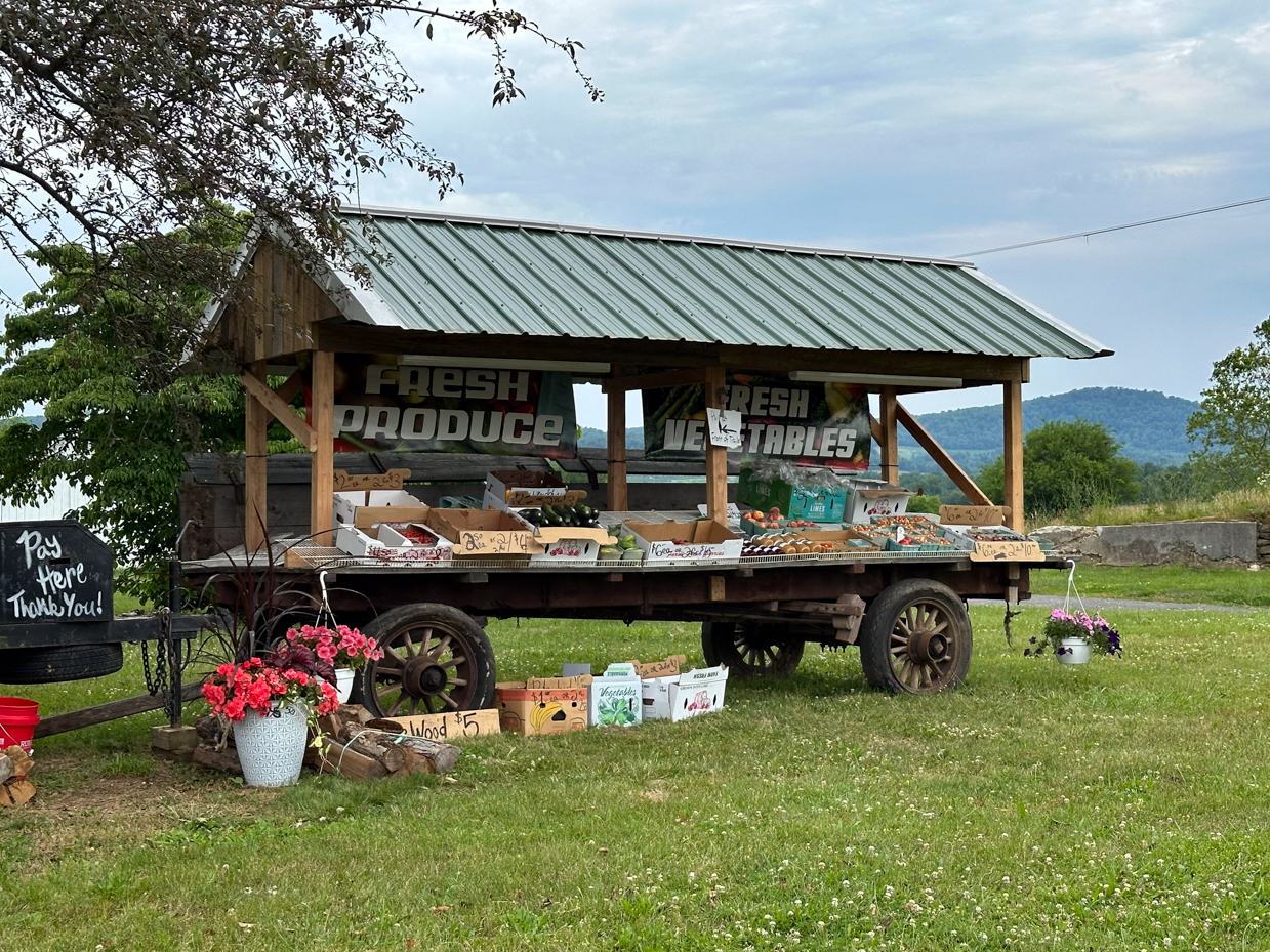 rural-farm-stand-fresh-produce-wagon-flowers-mountains-scenic-countryside