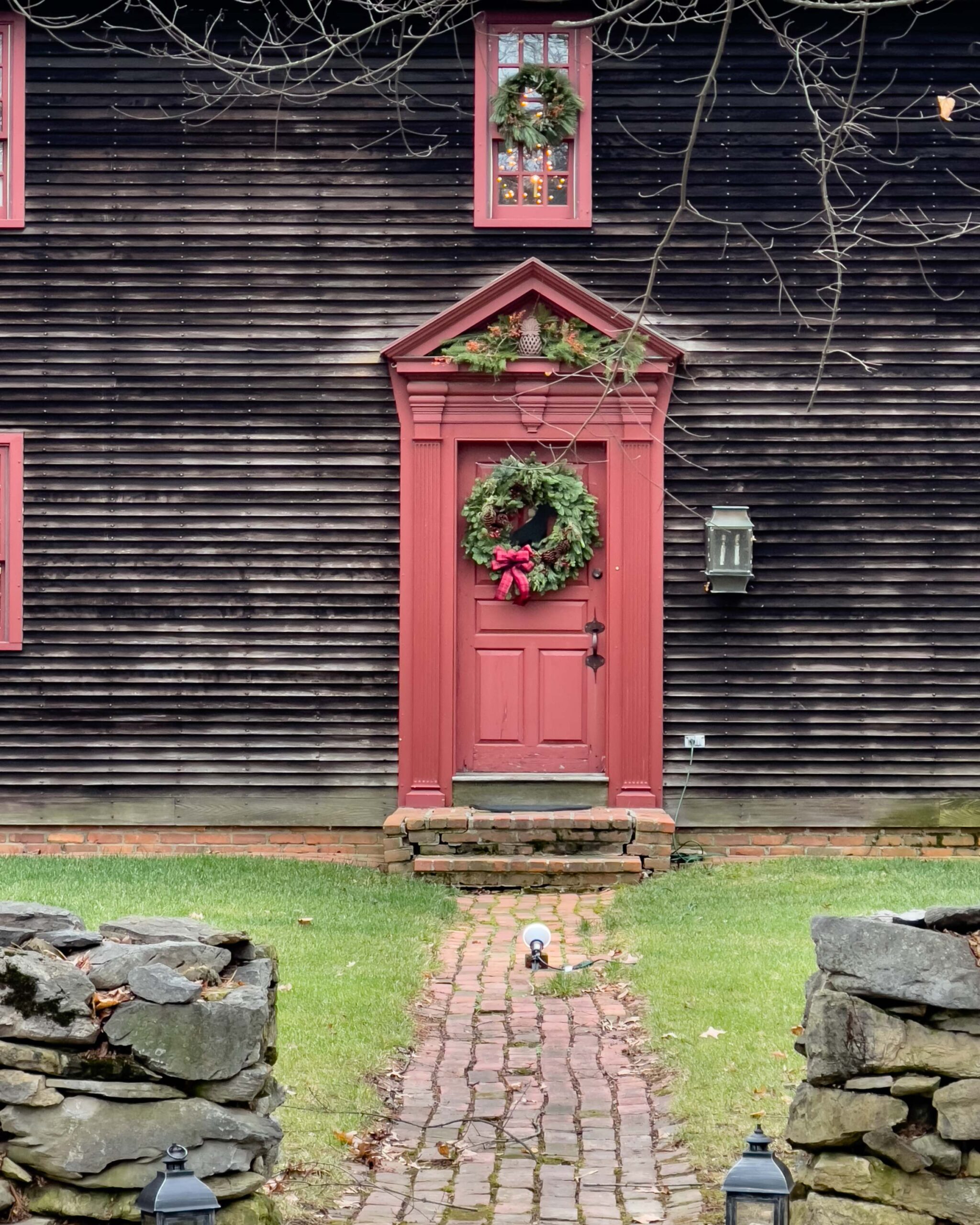 Rustic Colonial Home with Red Door and Holiday Wreath Winter Decor artist reference photo