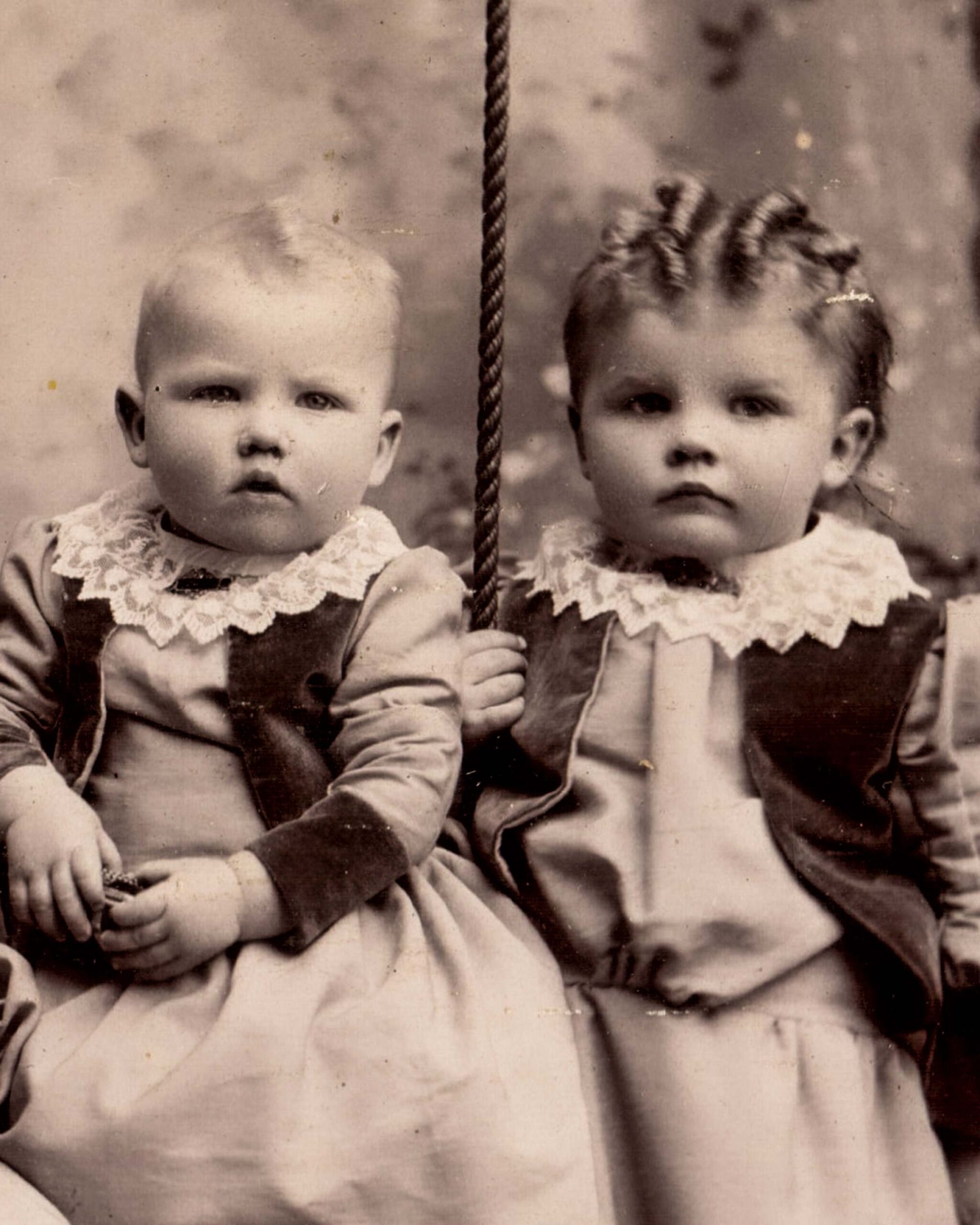 Victorian Siblings Portrait of Two Young Children in Lace Collar Dresses 1890s Vintage Photography artist reference photo