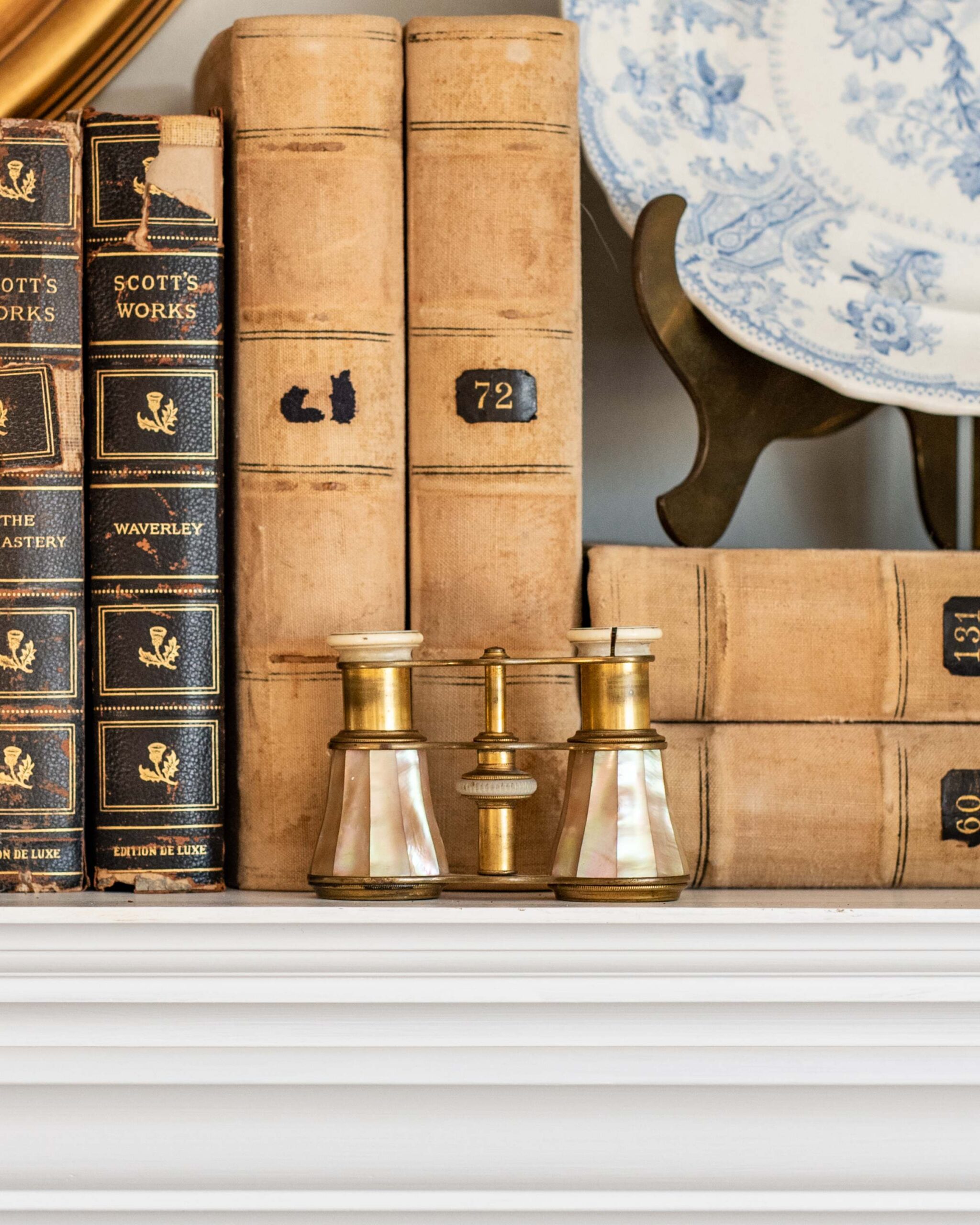 Vintage Leather-Bound Books with Brass and Mother of Pearl Opera Glasses artist reference photo