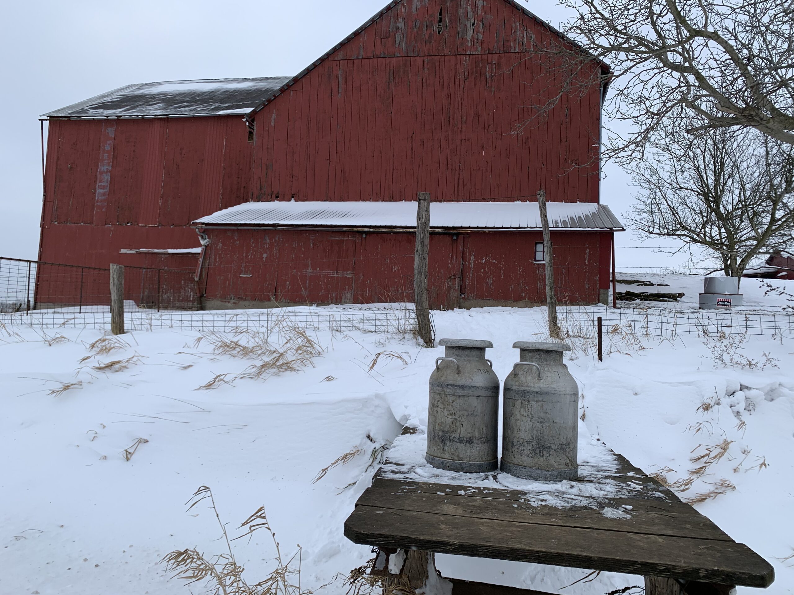 milk cans and red barn in the snow 2 artist reference photo