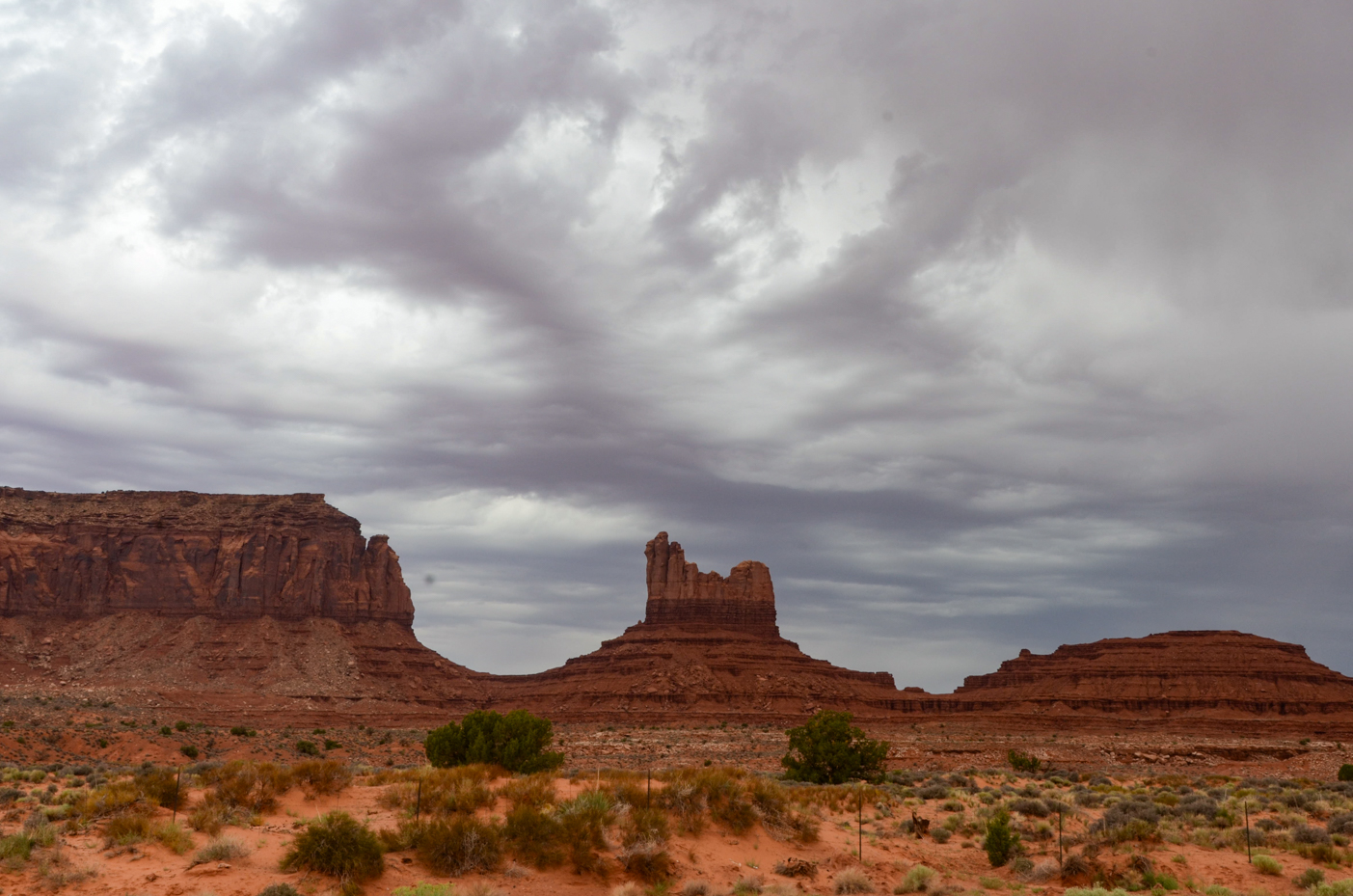 towering-monument-valley-buttes-beneath-dramatic-overcast-sky-with-desert-flora