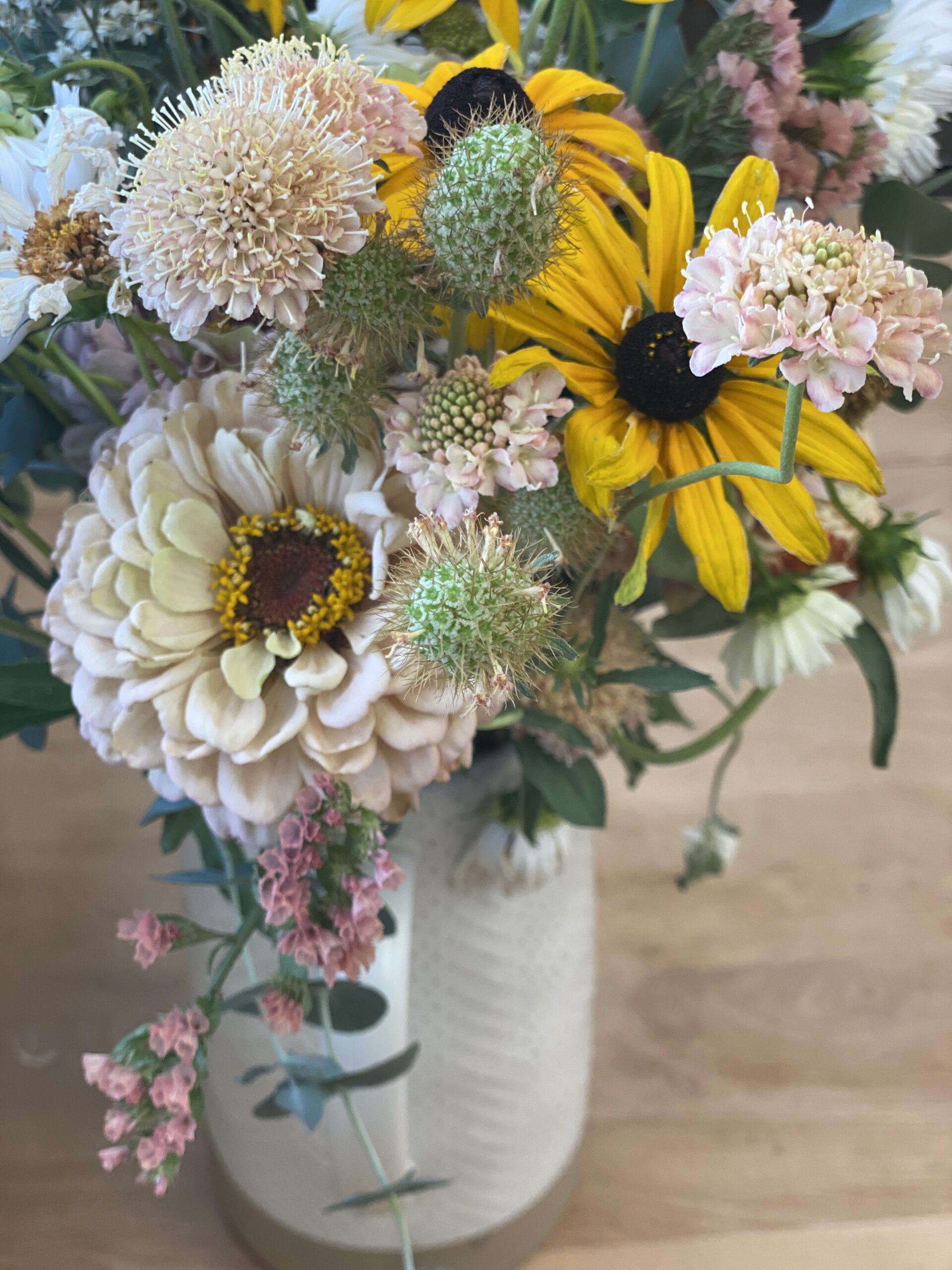 Vibrant Sunflower, Dahlia, and Zinnia Bouquet in White Ceramic Vase artist reference photo
