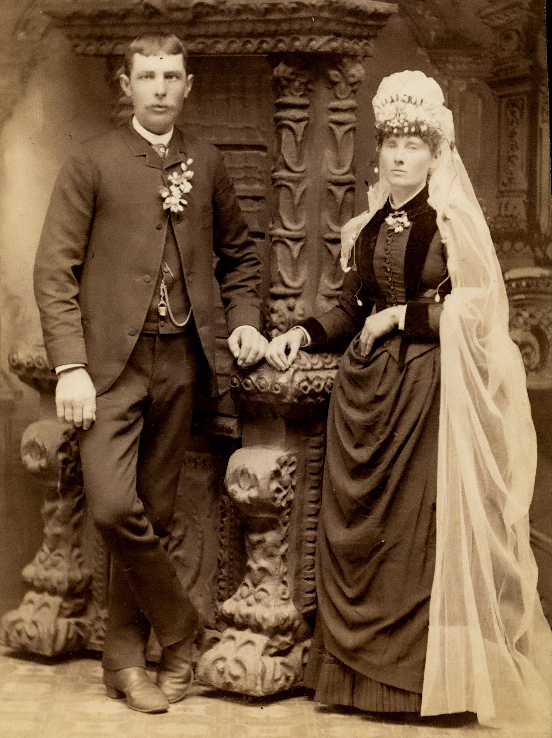 Victorian Wedding Portrait of a Bride and Groom in Elegant Formal Attire artist reference photo