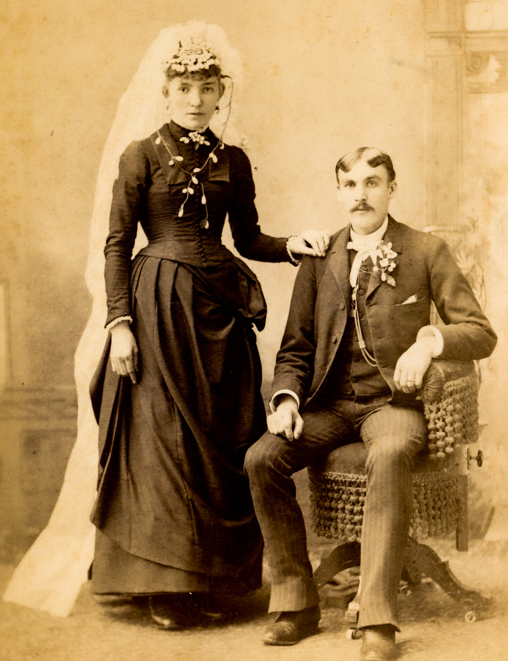Vintage Victorian Wedding Portrait of a Bride in Veil and Groom Seated in Formal Attire artist reference photo