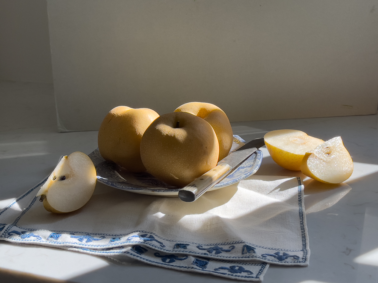asian pear still life photography farmhouse kitchen decor rustic food styling vintage fruit natural light elegant home decor soft shadows artist reference photo