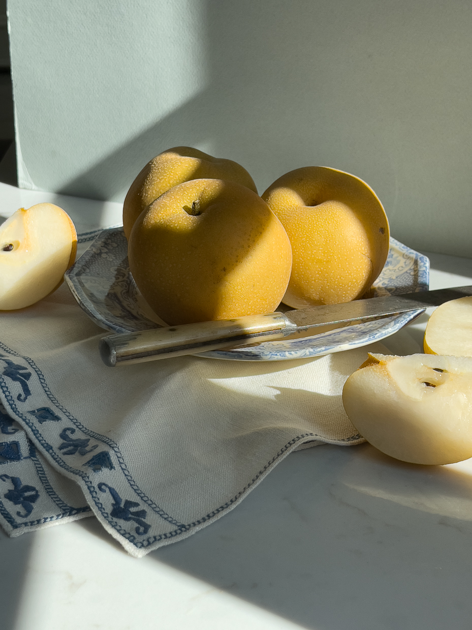 asian-pear-still-life-photography-farmhouse-kitchen-decor-rustic-food-styling-vintage-fruit-natural-light-elegant-home-decor