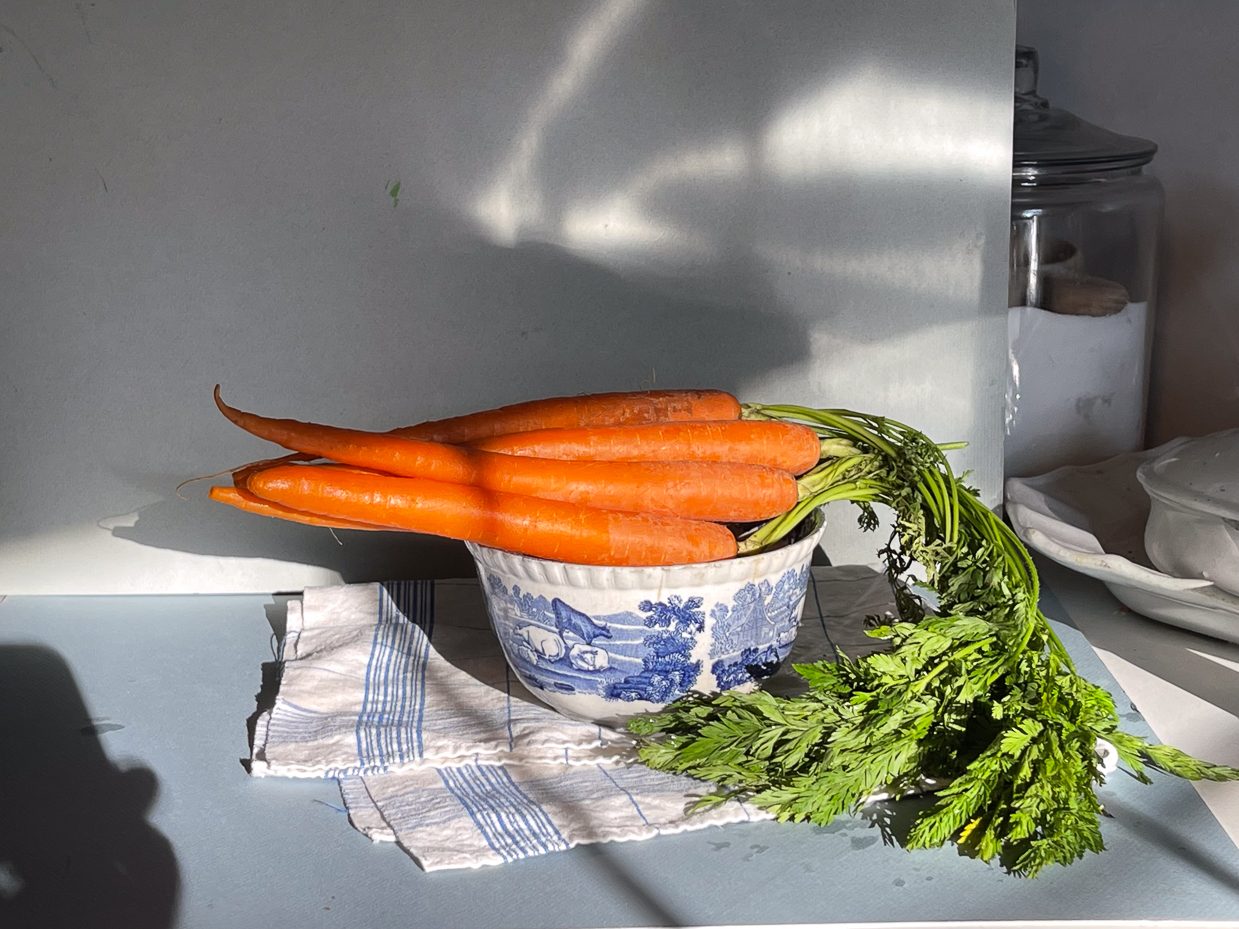 fresh-organic-carrots-with-greens-in-blue-and-white-antique-bowl-rustic-farmhouse-kitchen-still-life