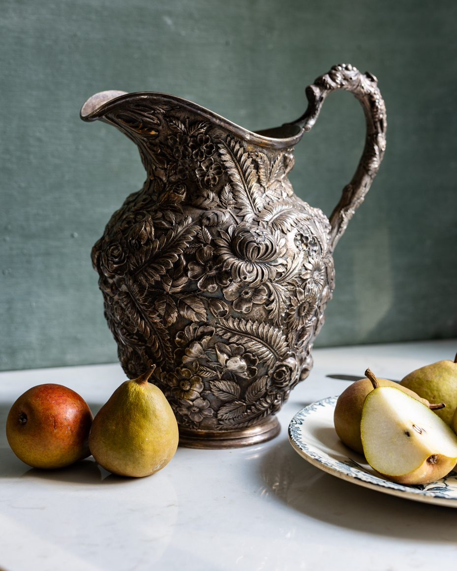 ornate-silver-pitcher-with-red-and-green-pears-artist-reference-photo