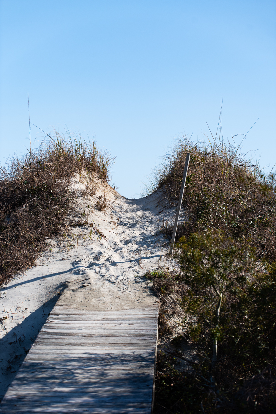 weathered-boardwalk-trail-through-sand-dune-beach-path-under-clear-blue-sky