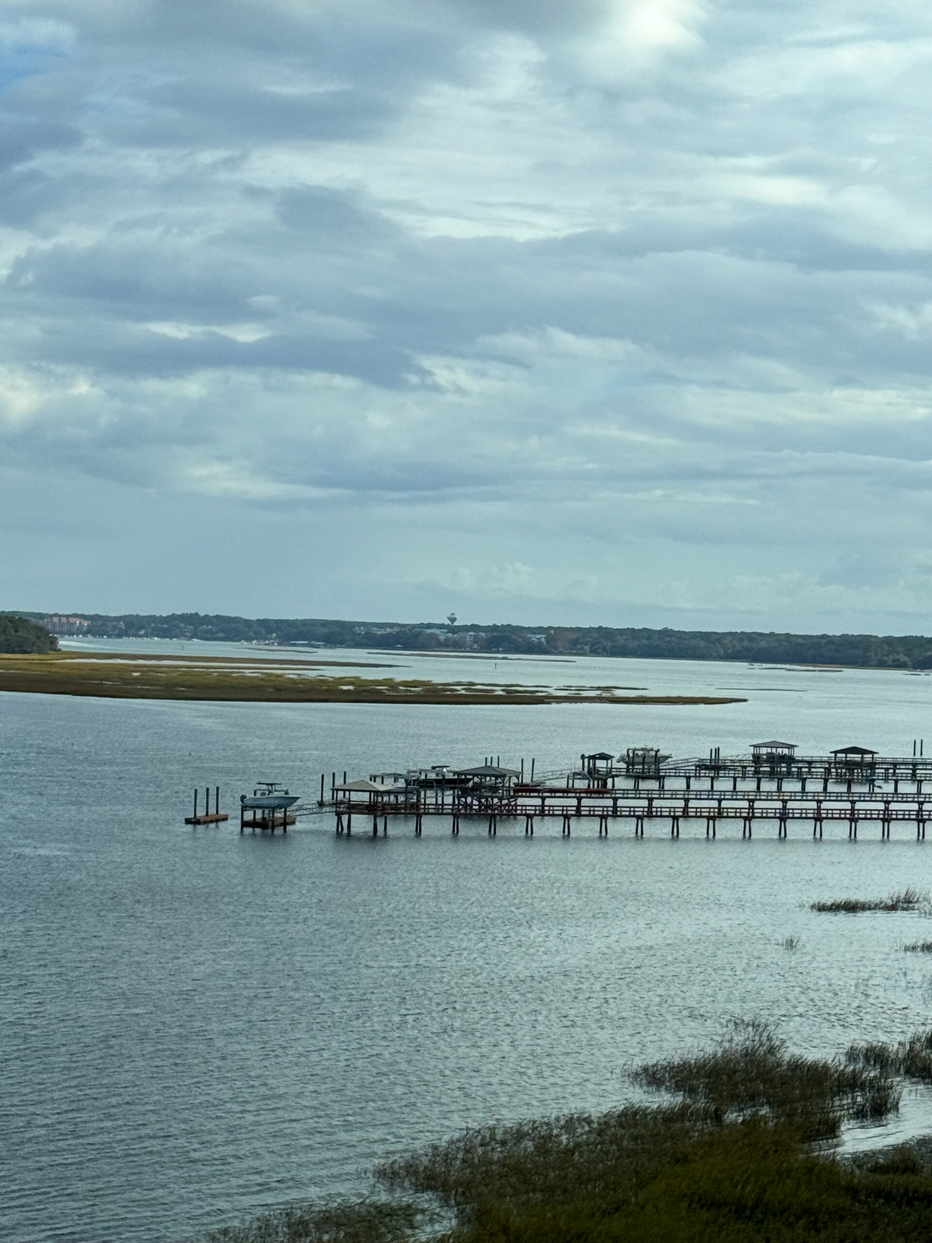 row-of-waterfront-docks-on-calm-bay-with-distant-shoreline-and-cloudy-sky-artist-reference-photo