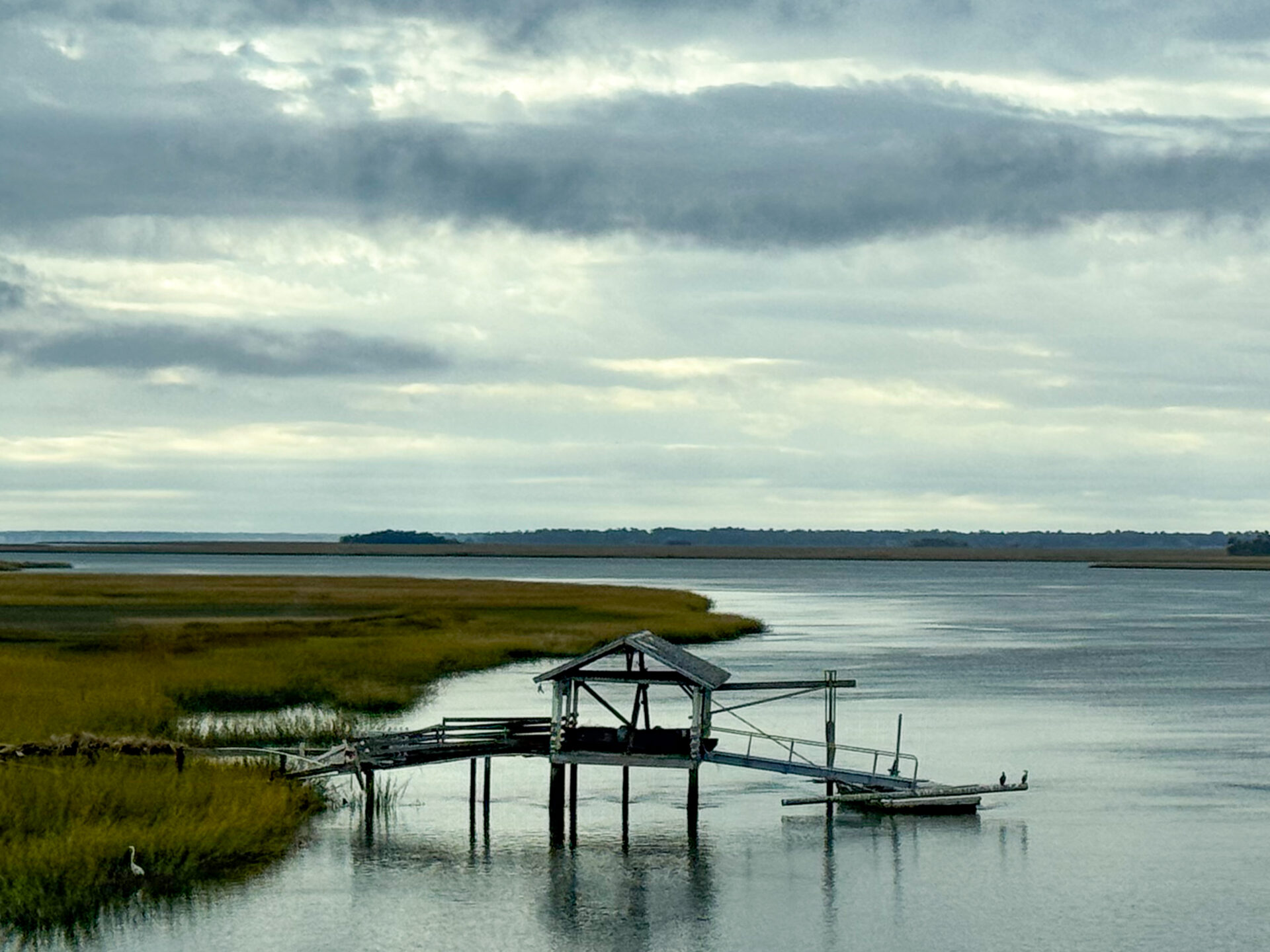 weathered-dock-on-marsh-inlet-with-reflections-and-cloudy-sky-artist-reference-photo