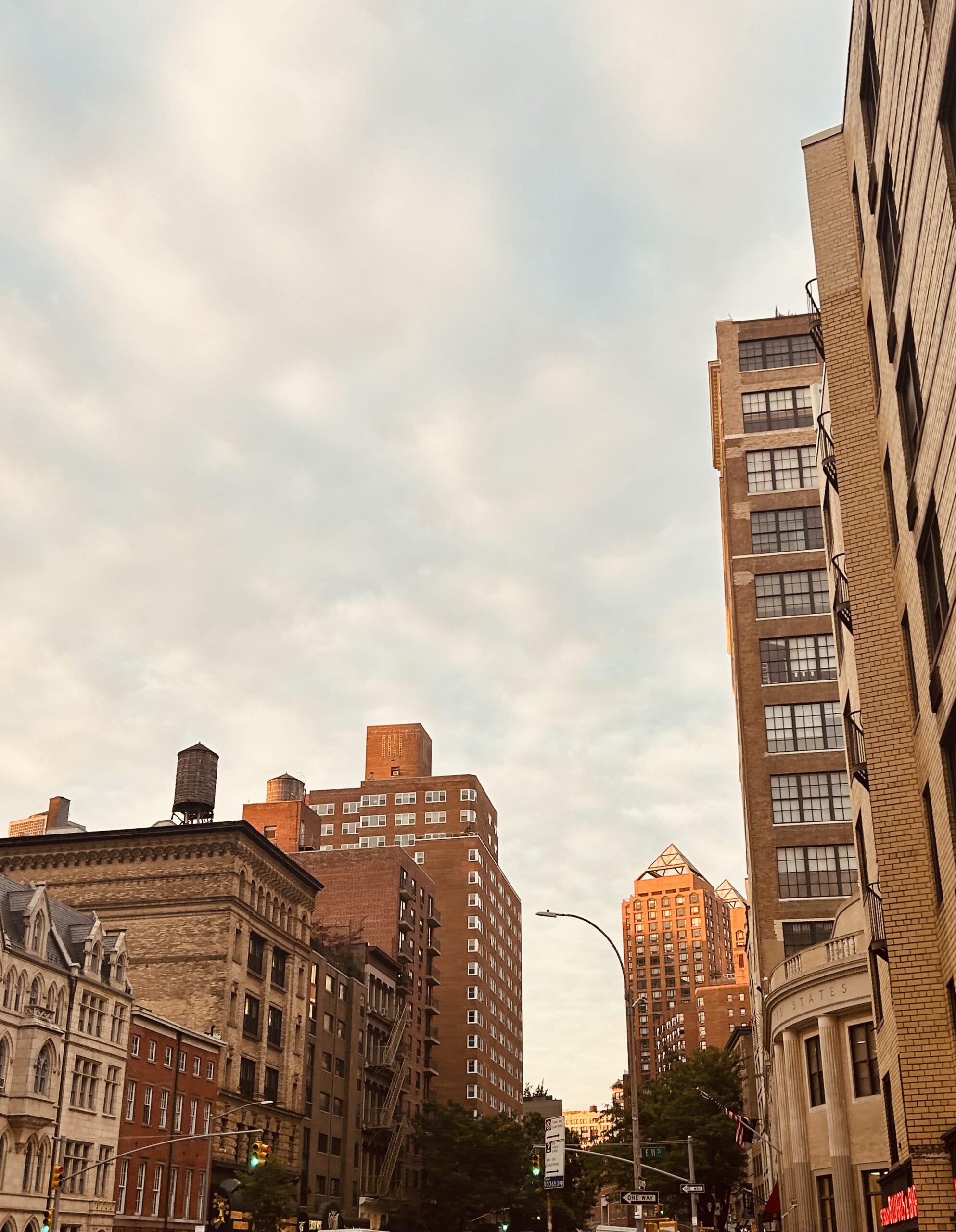 Sunset light on NYC architecture with water towers and apartments ...