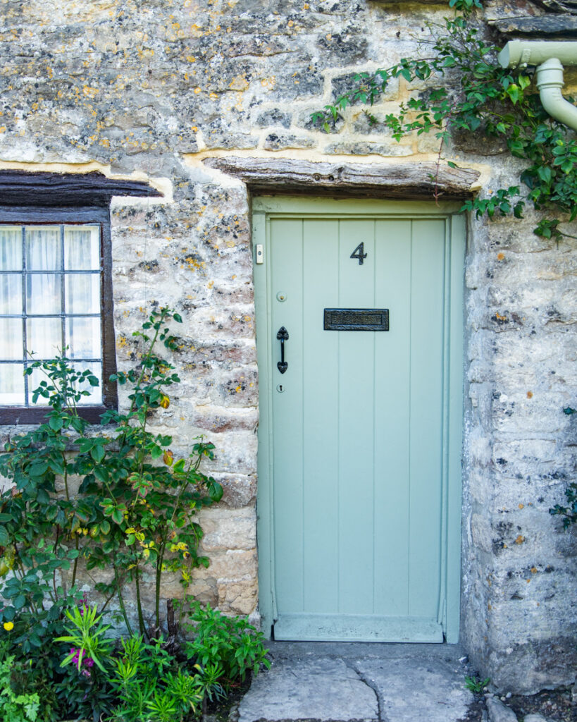 Pale green door and climbing vines on weathered stone cottage artist reference photo