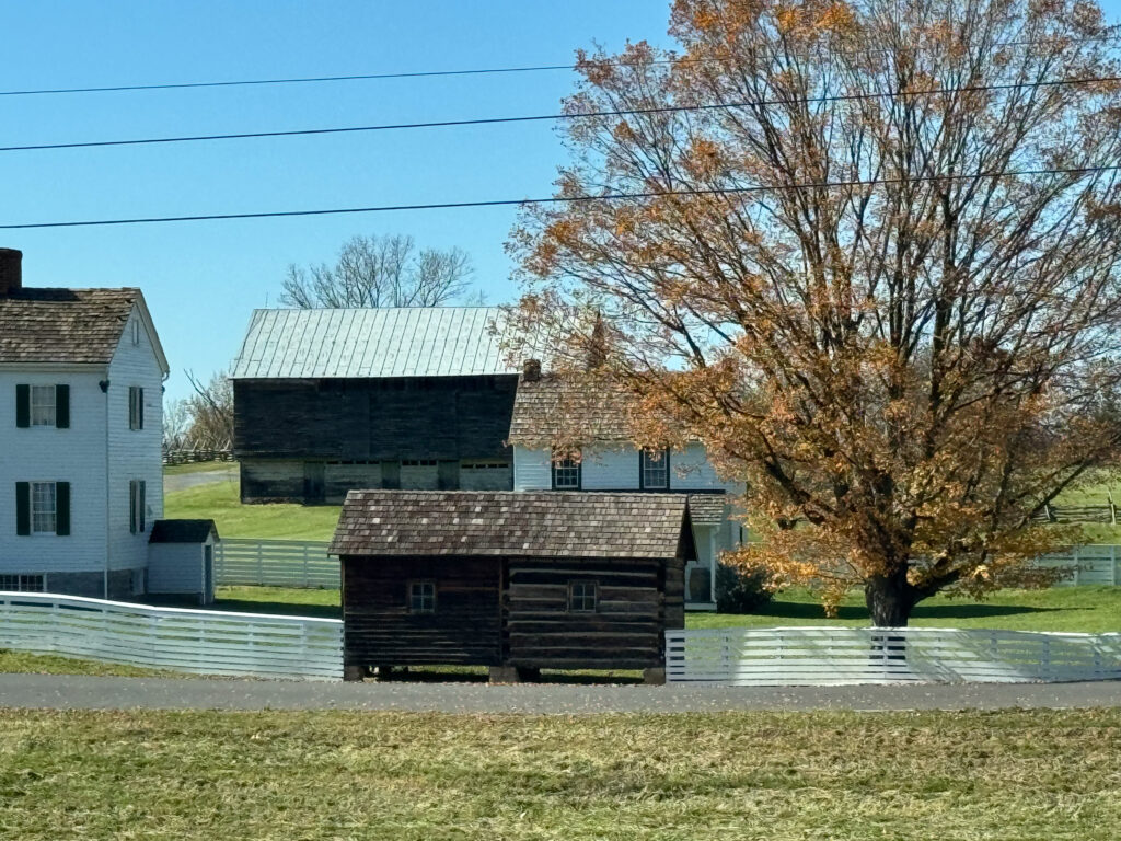 Historic Farm Buildings with Autumn Tree and White Fence Artist Reference Photo