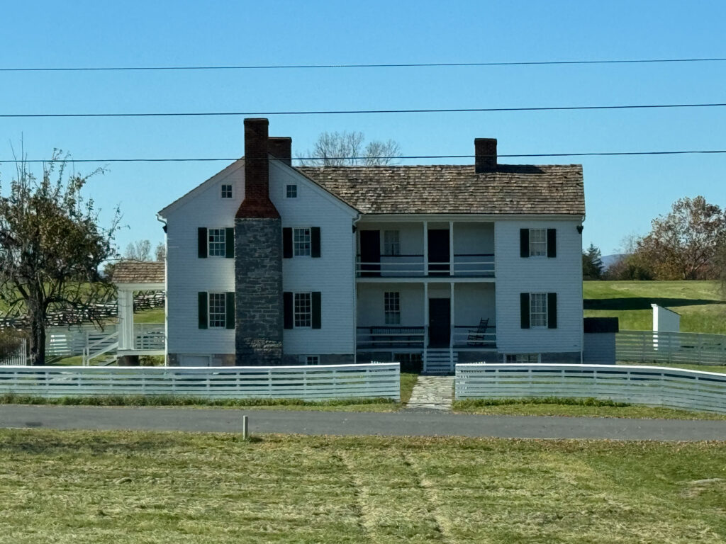 Historic White Farmhouse with Stone Chimney and Porch Rockers Artist Reference Photo