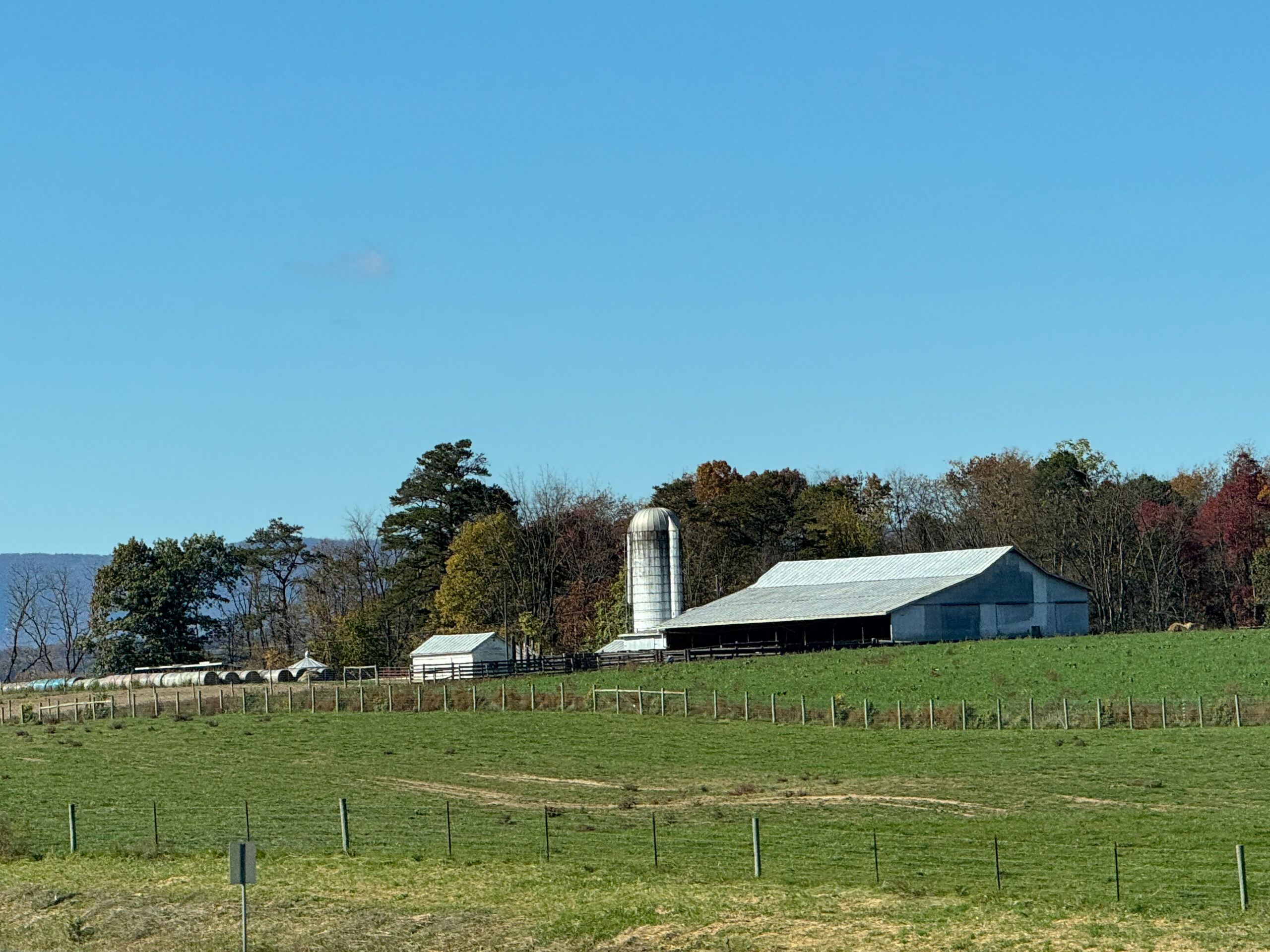 White Barn with Silo on Green Pasture under Blue Sky artist reference photo