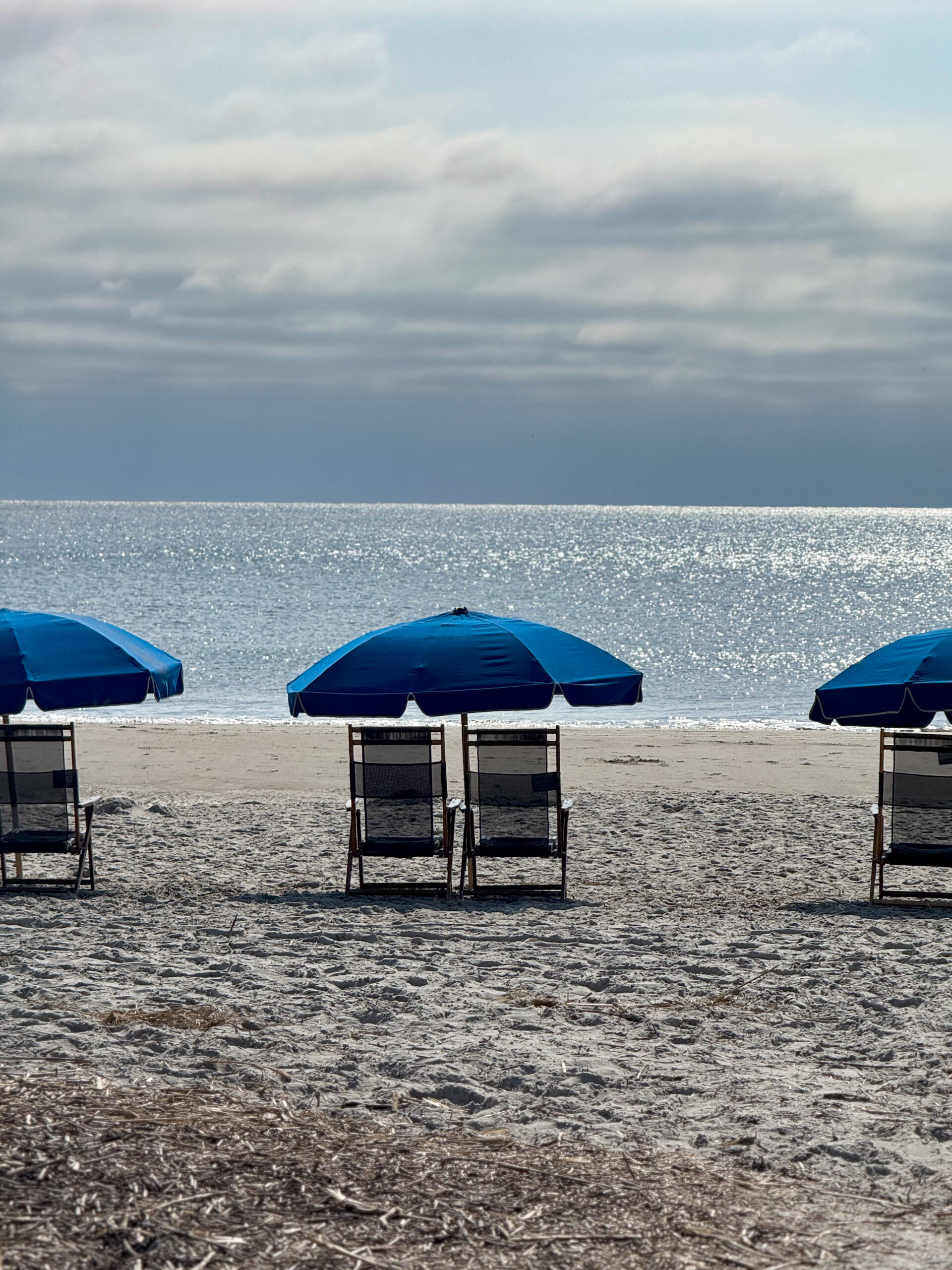 blue beach umbrellas with chairs facing ocean under cloudy sky artist reference photo