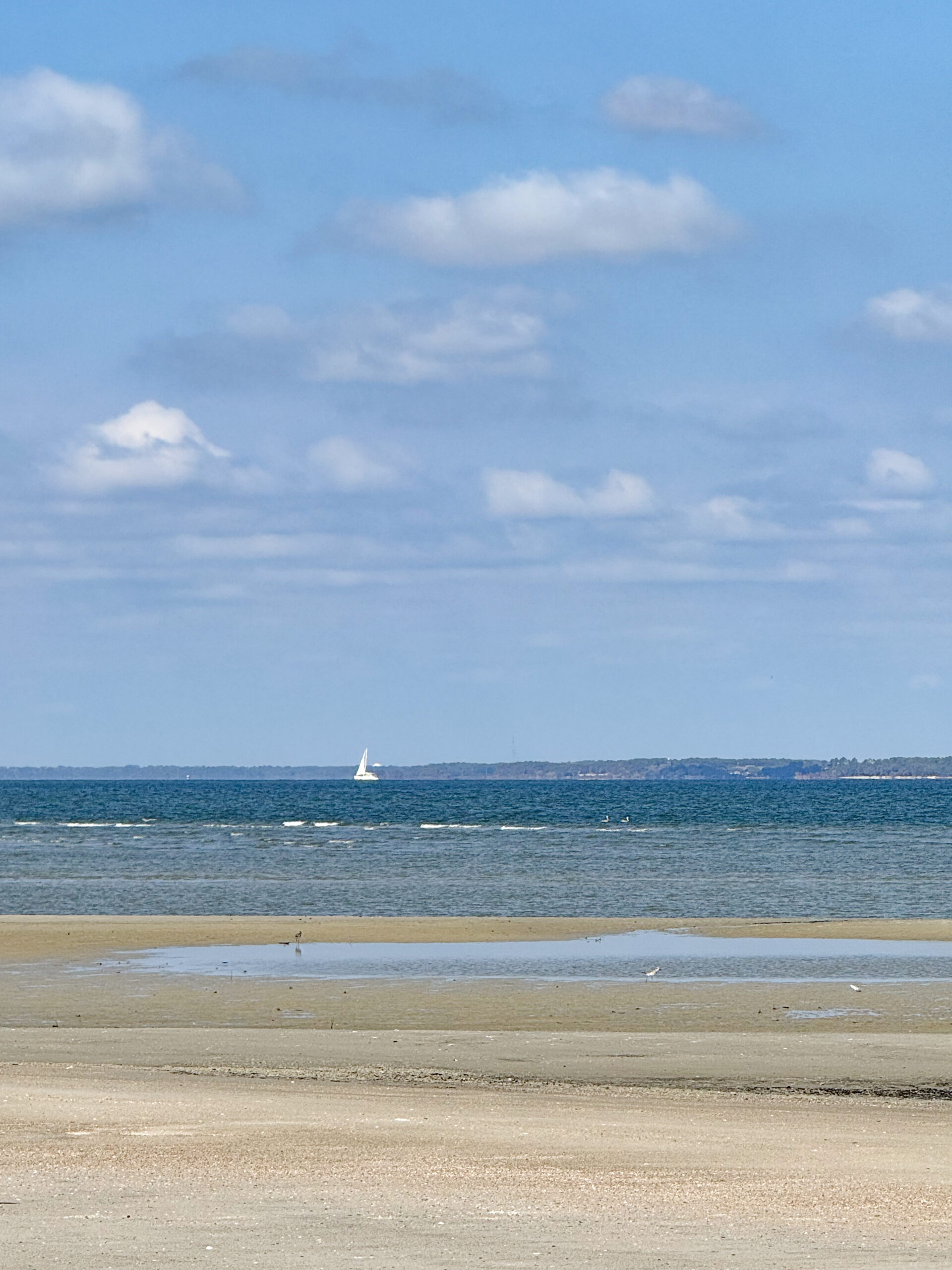 sailboat on calm ocean with layered sand and tidal reflections artist reference photo