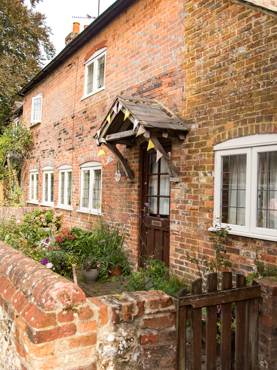 English Brick Cottage Entrance with Garden and Wooden Gate artist reference photo
