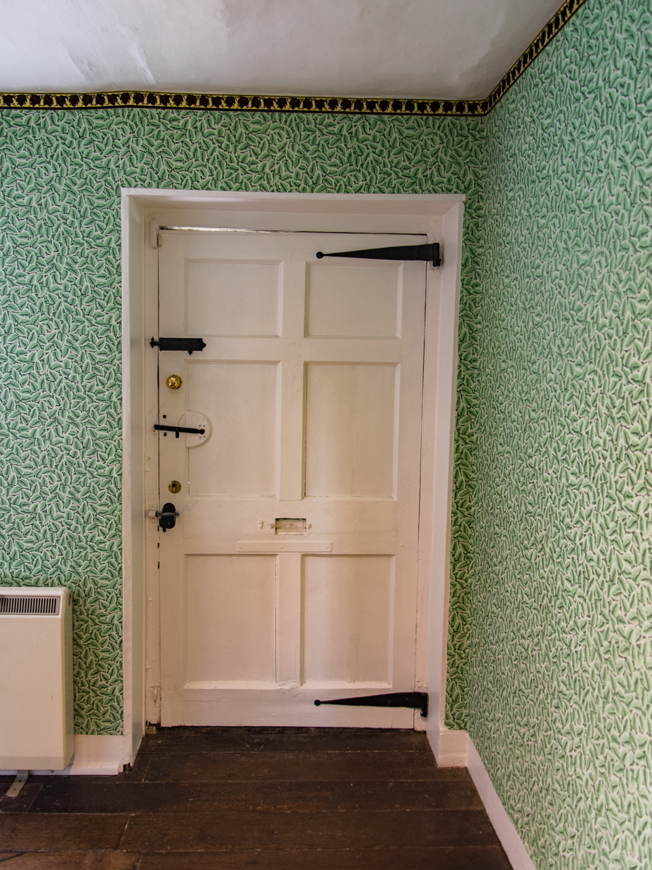 Historic Cottage Interior Door with Green Wallpaper and Wooden Floor artist reference photo
