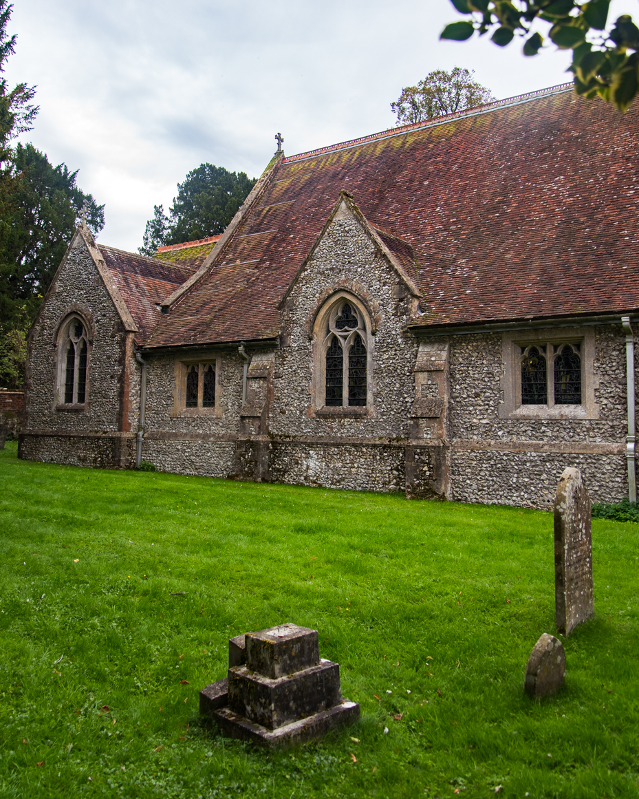 Old Stone Church Exterior with Gravestones and Green Lawn artist reference photo